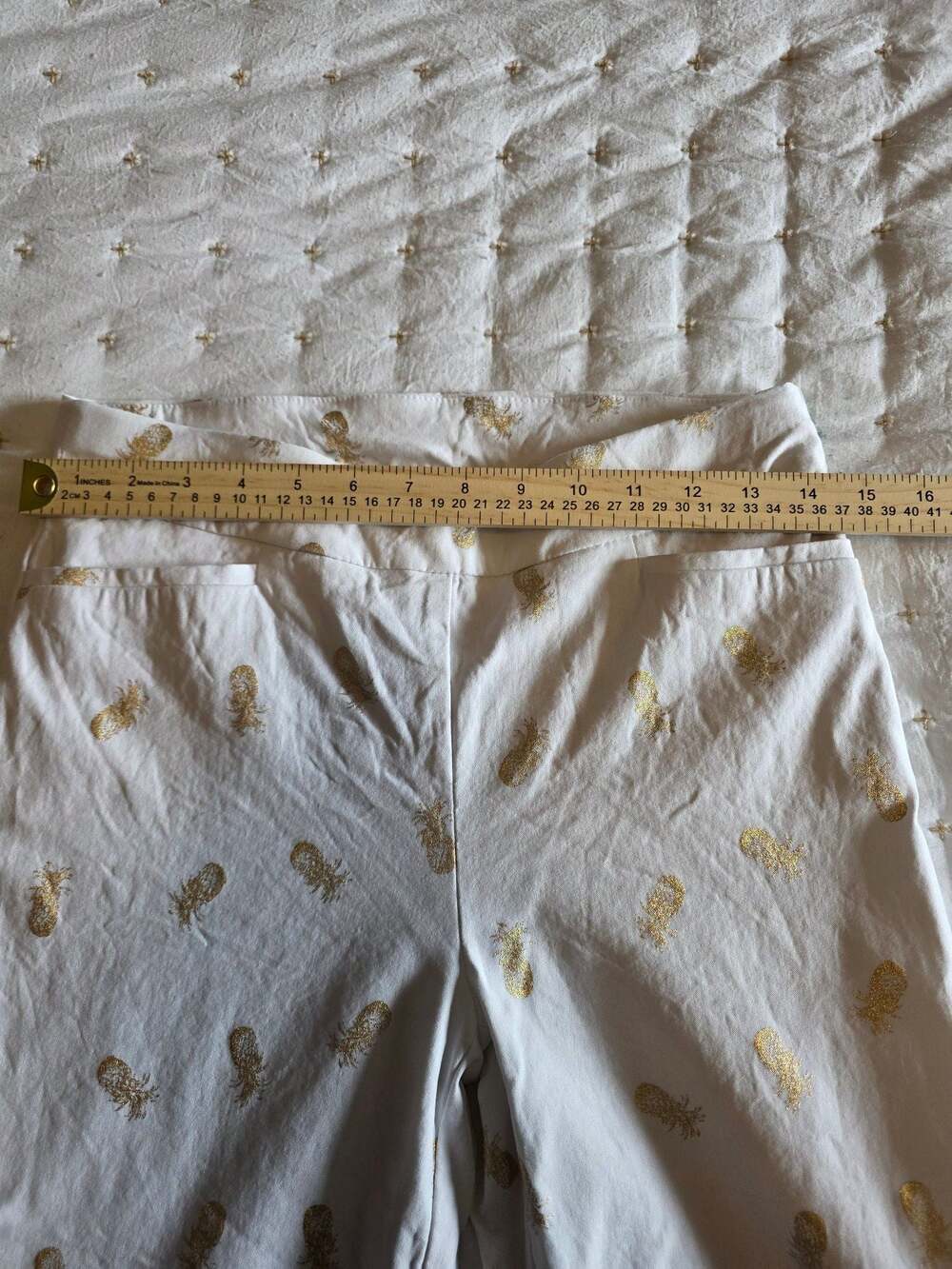 Chico's Brigette Ankle Pants in White with Gold Foil Pineapple Print - Picture 5 of 6